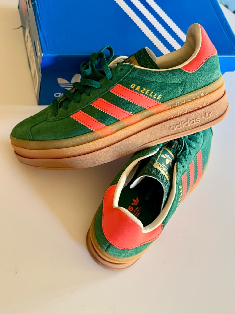 New Adidas Gazelle Bold Suede Green w/ orange unisex W7 or 6Y